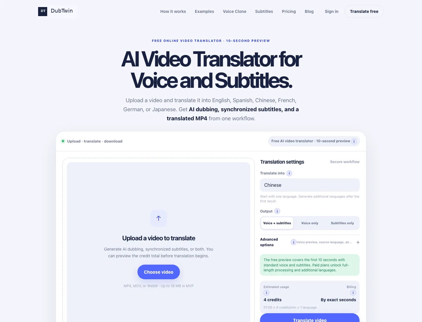 DubTwin AI video translator workspace showing source video upload, 17 target languages, and exact second credit estimate